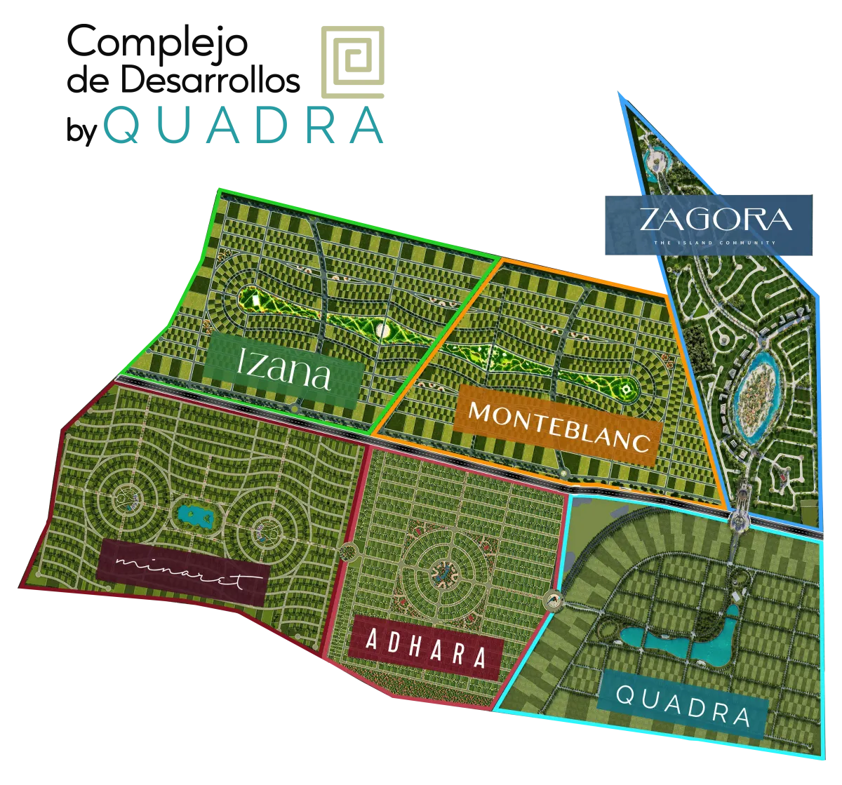 Mapa del portafolio de desarrollos Hekterra: Zagora, Izana, Monteblanc, Adhara, Minaret y Quadra